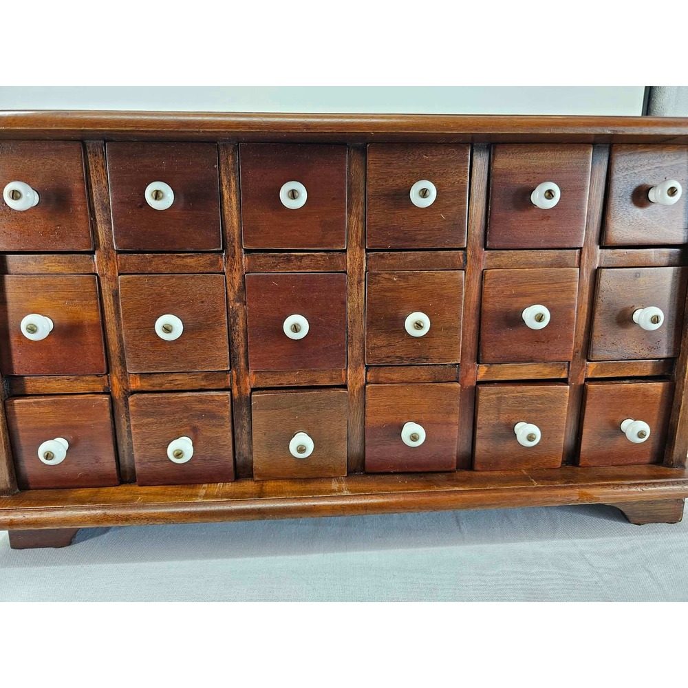 Vintage 18 Drawer Wooden Apothecary Cabinet Jewelry Chest White Ceramic Knobs